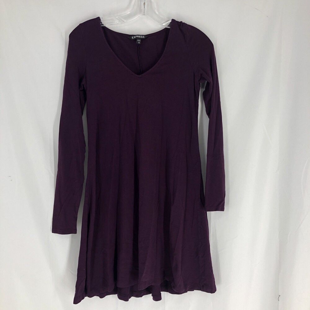 Express Long Sleeve T Shirt Dress Womens XS Purple V-Neck Flared Mini
